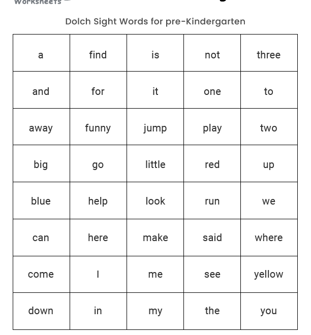 Sight Words For Pre K Worksheets