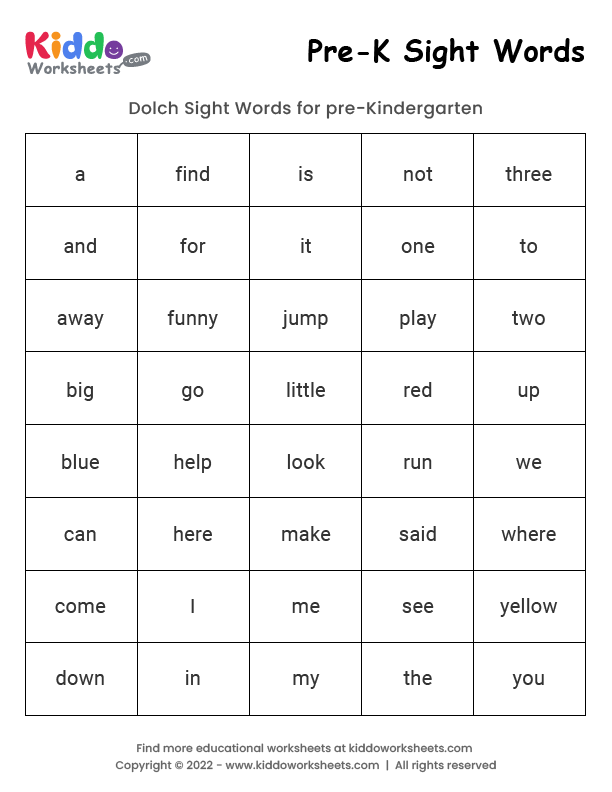 Sight Words For Pre K Worksheets