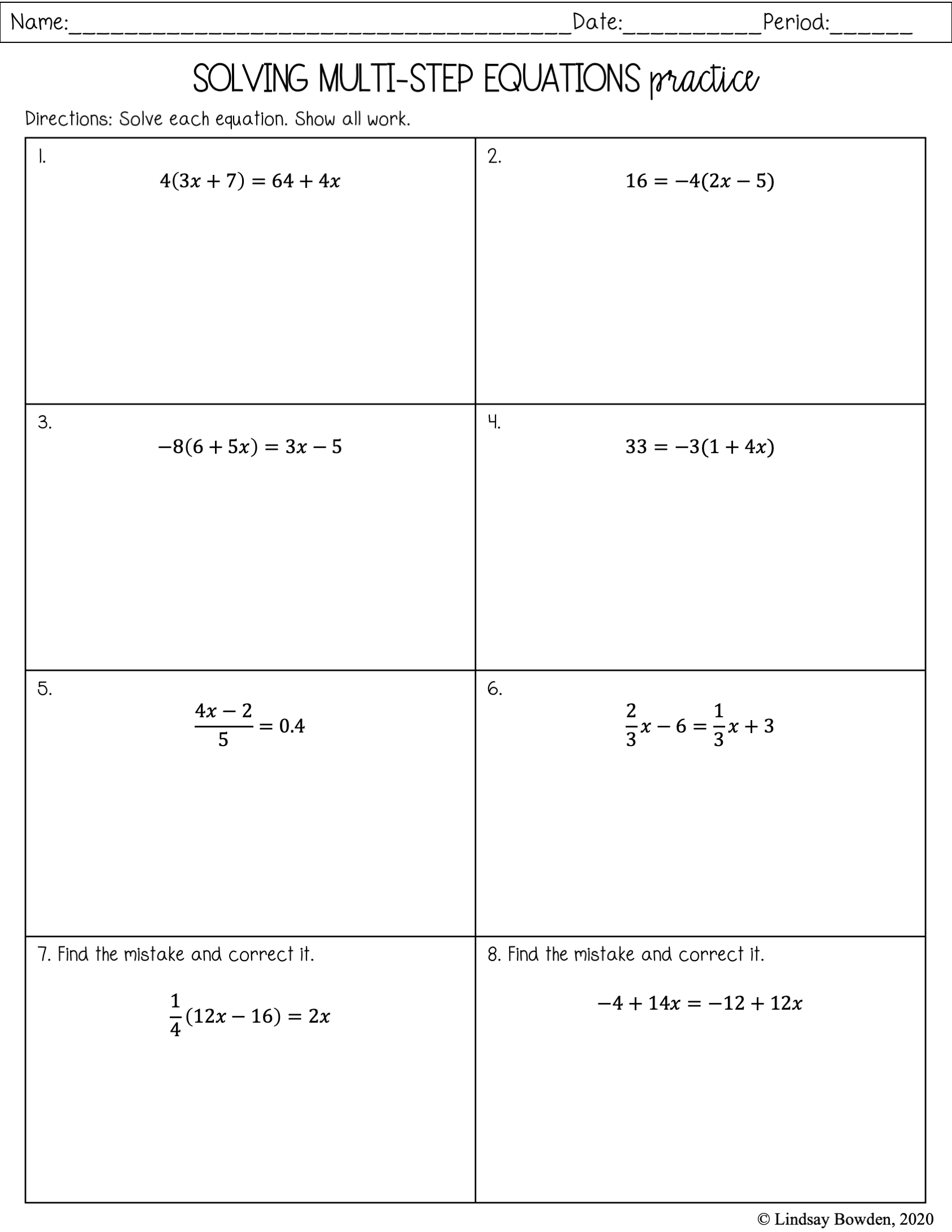 Solving Multi Step Equation Free Worksheets