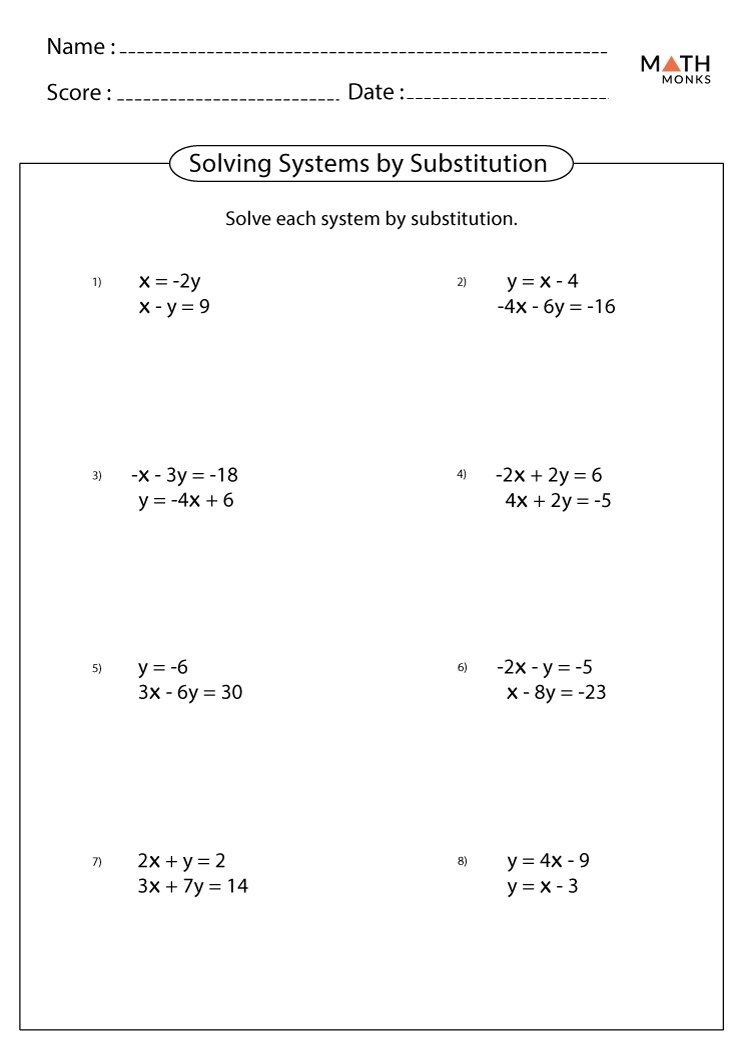 Printable Math Worksheets Substitution