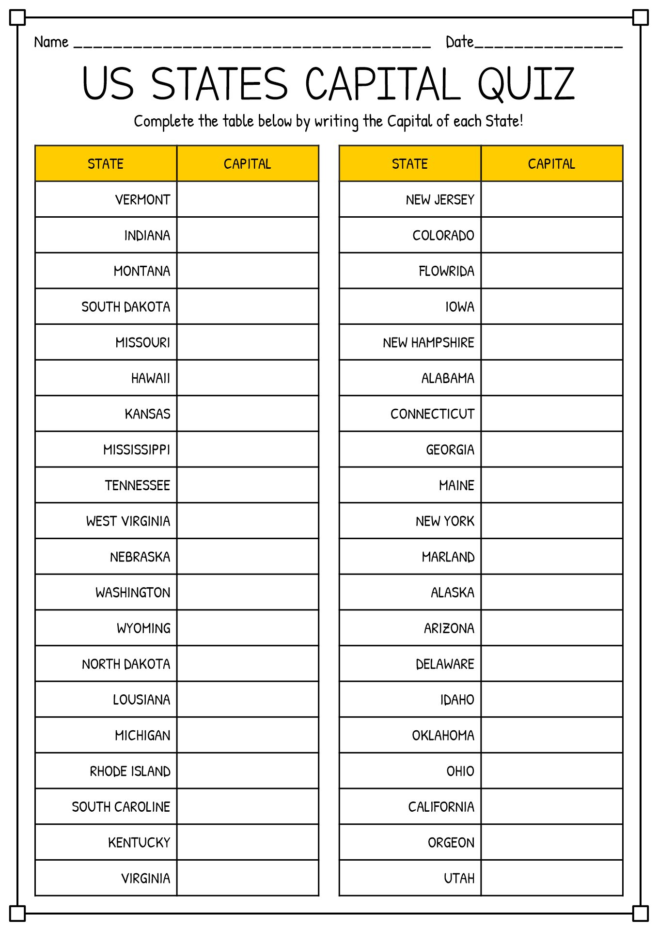 States And Capitals Quiz Printable
