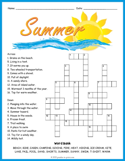Crossword Puzzles Printable Summer Bingo Games