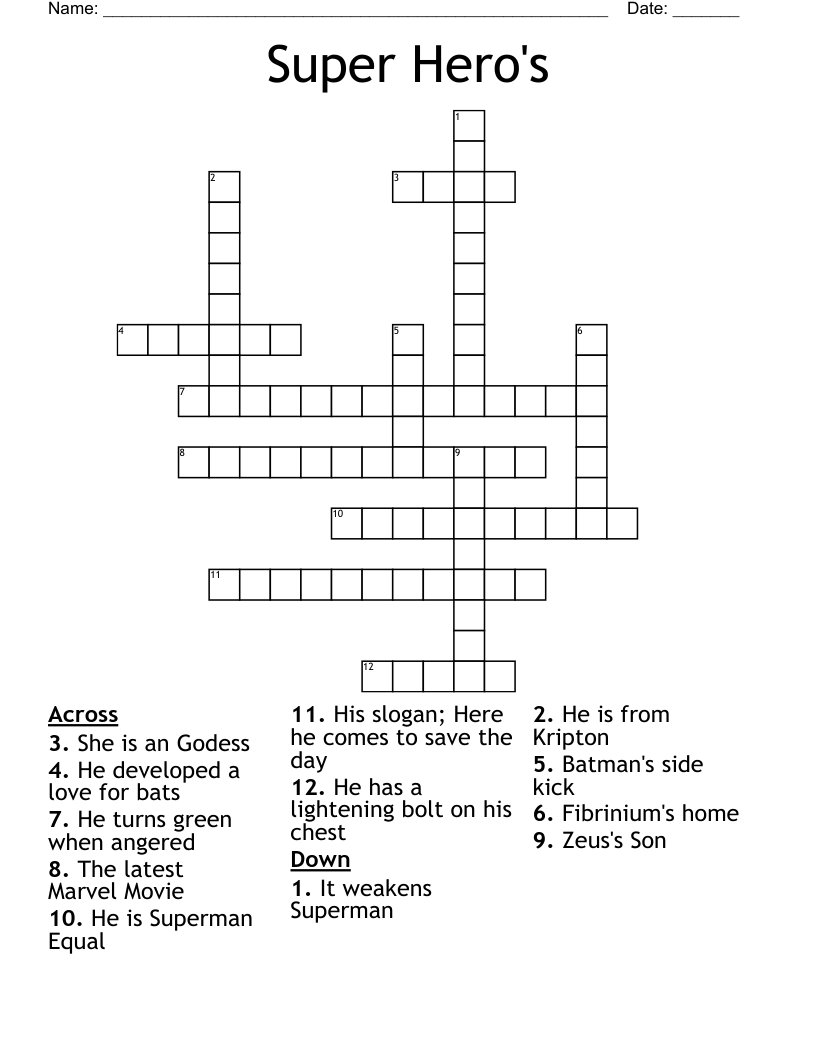 Superhero Crossword Puzzle Printable