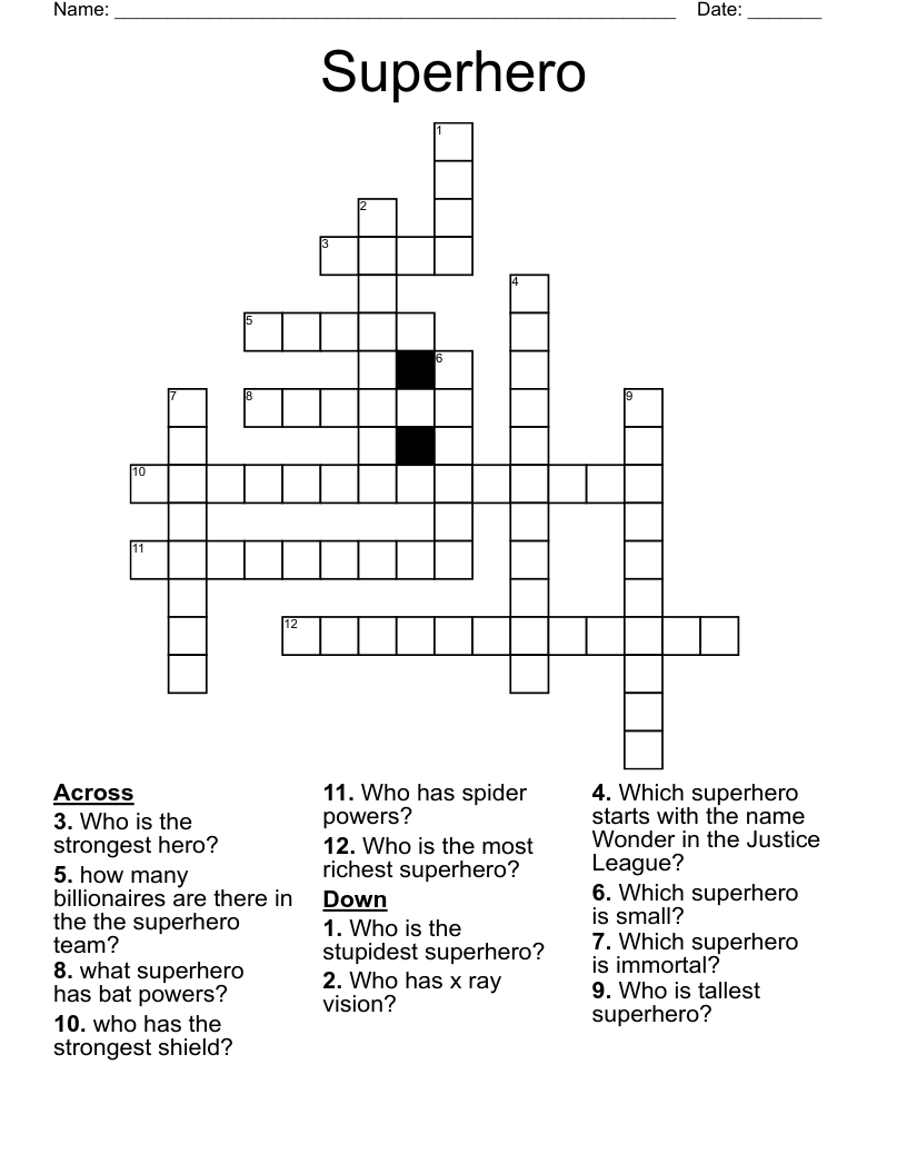 Superhero Crossword Puzzle Printable