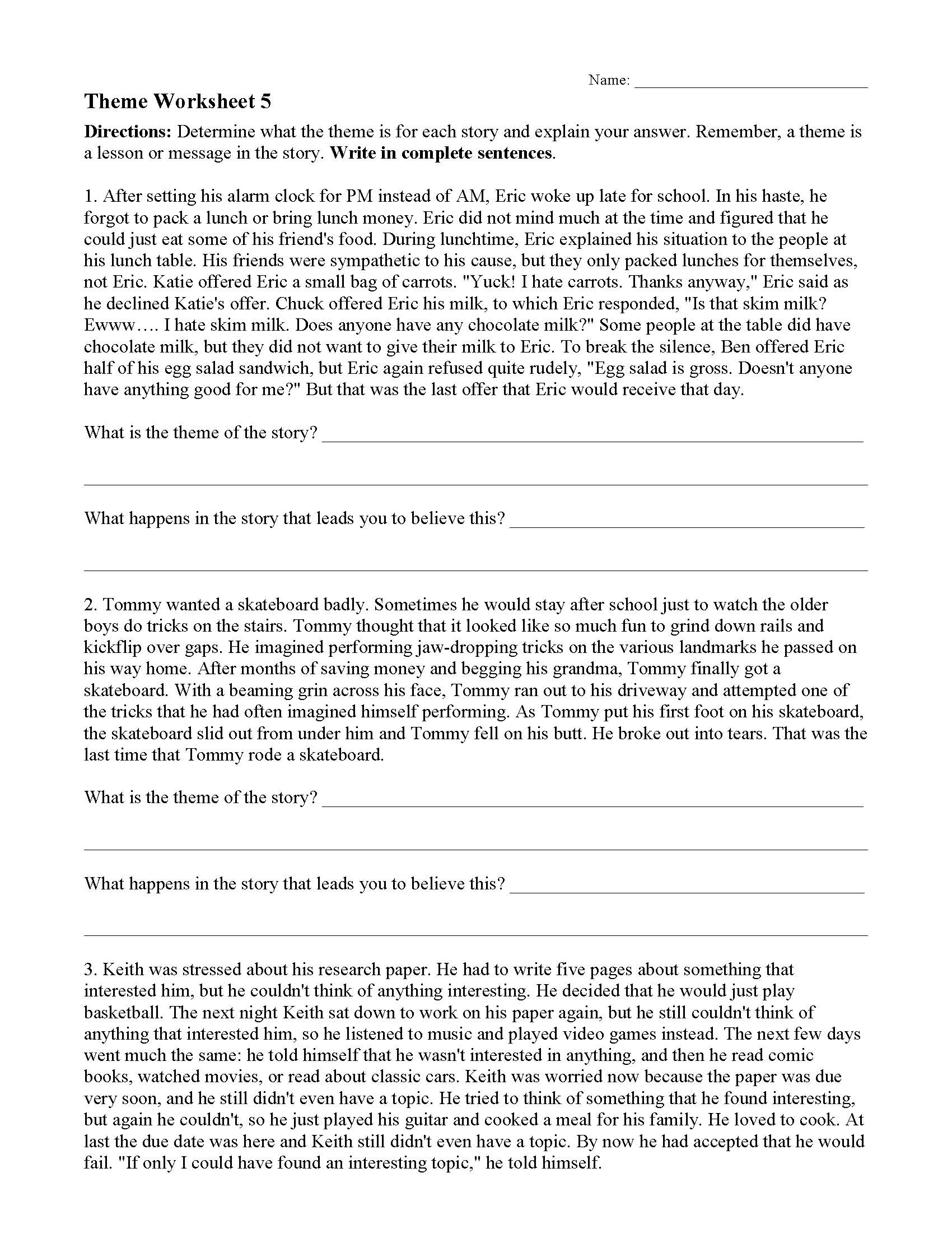 Free Printable Theme Worksheets