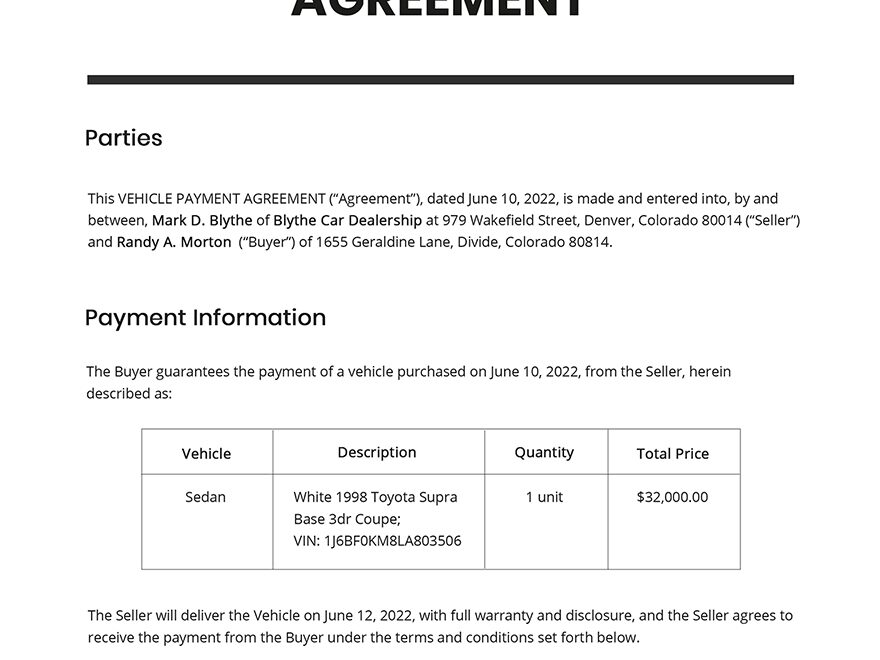 Vehicle Payment Agreement Template Google Docs Word Apple Pages