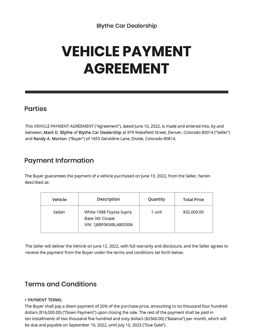 Vehicle Payment Agreement Template Google Docs Word Apple Pages 