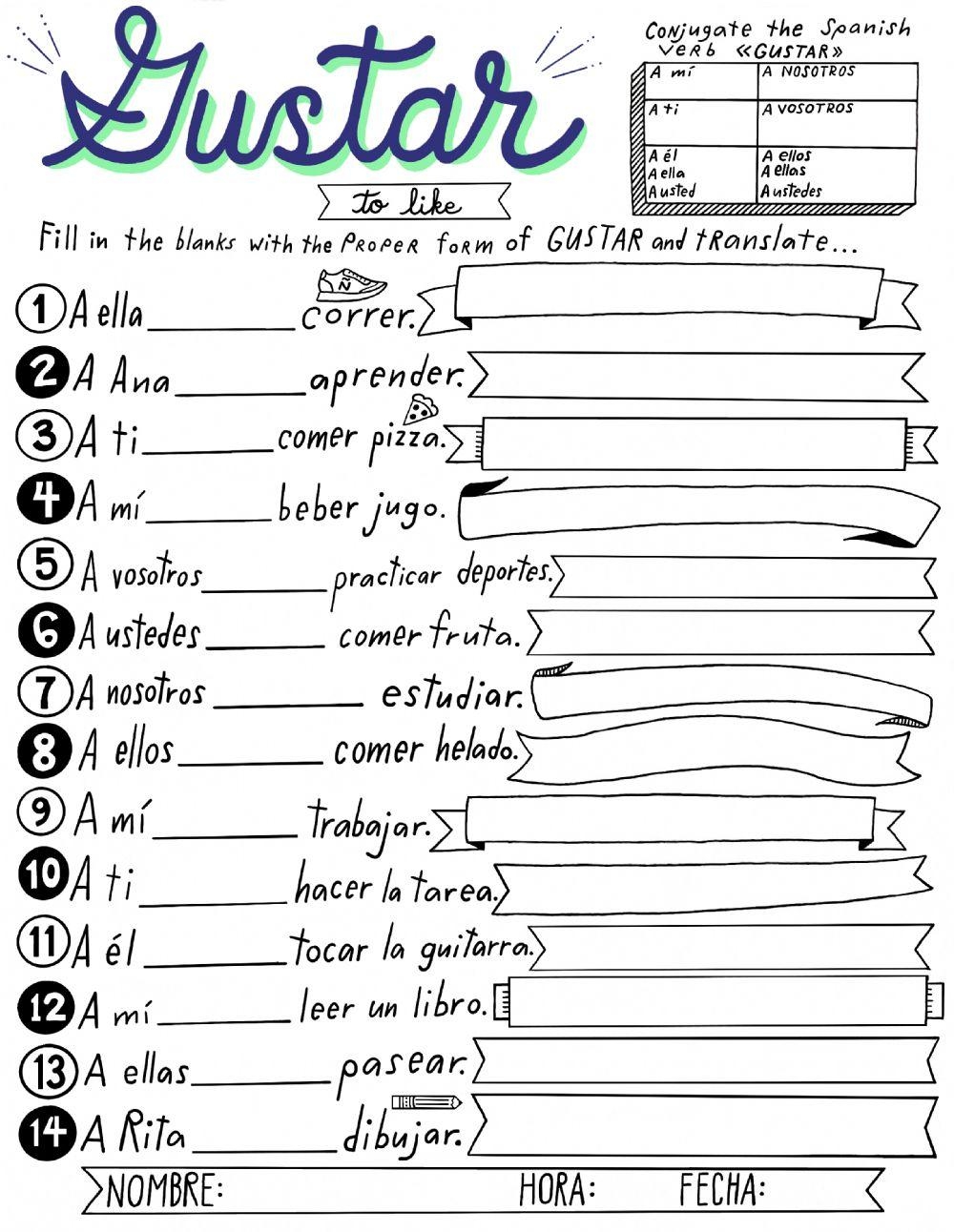 Verbs Like Gustar Worksheet Spanish Present Tense Regular AR