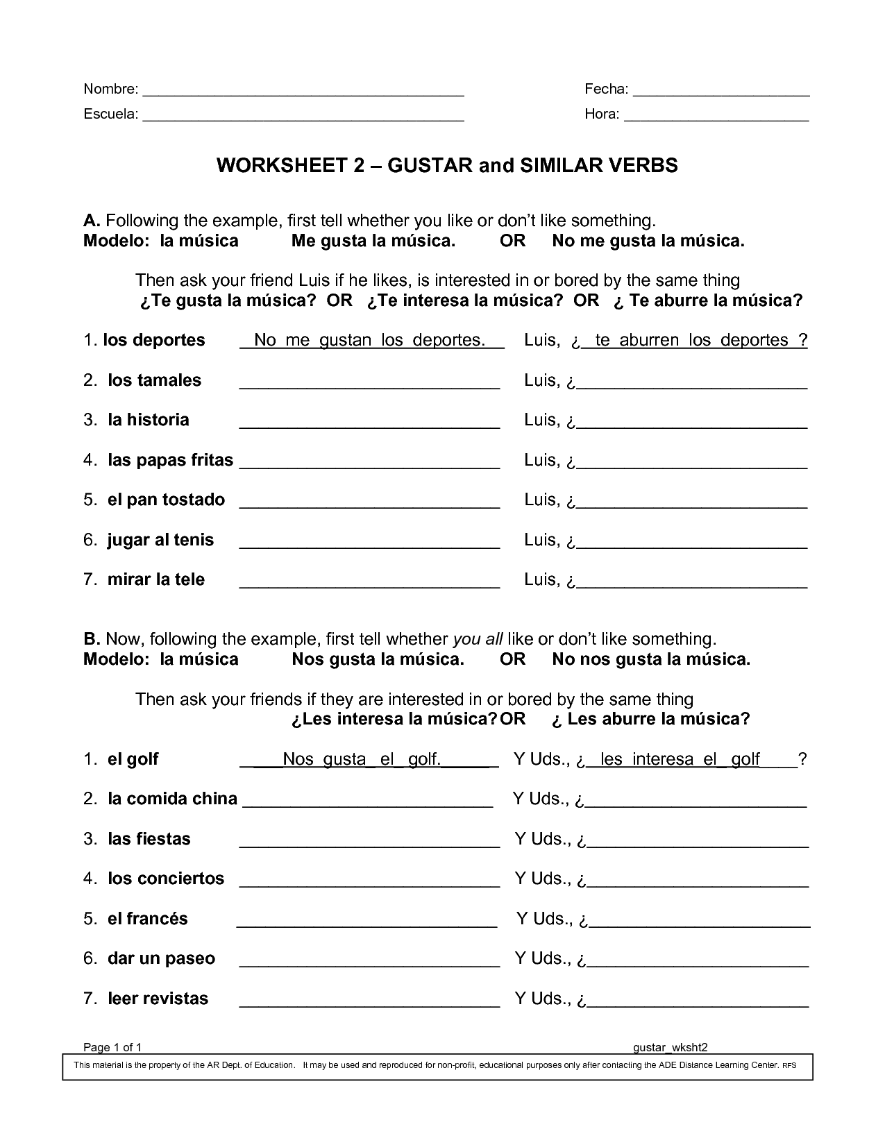 WORKSHEET 2 GUSTAR And SIMILAR VERBS PDF Spanish Pinterest 