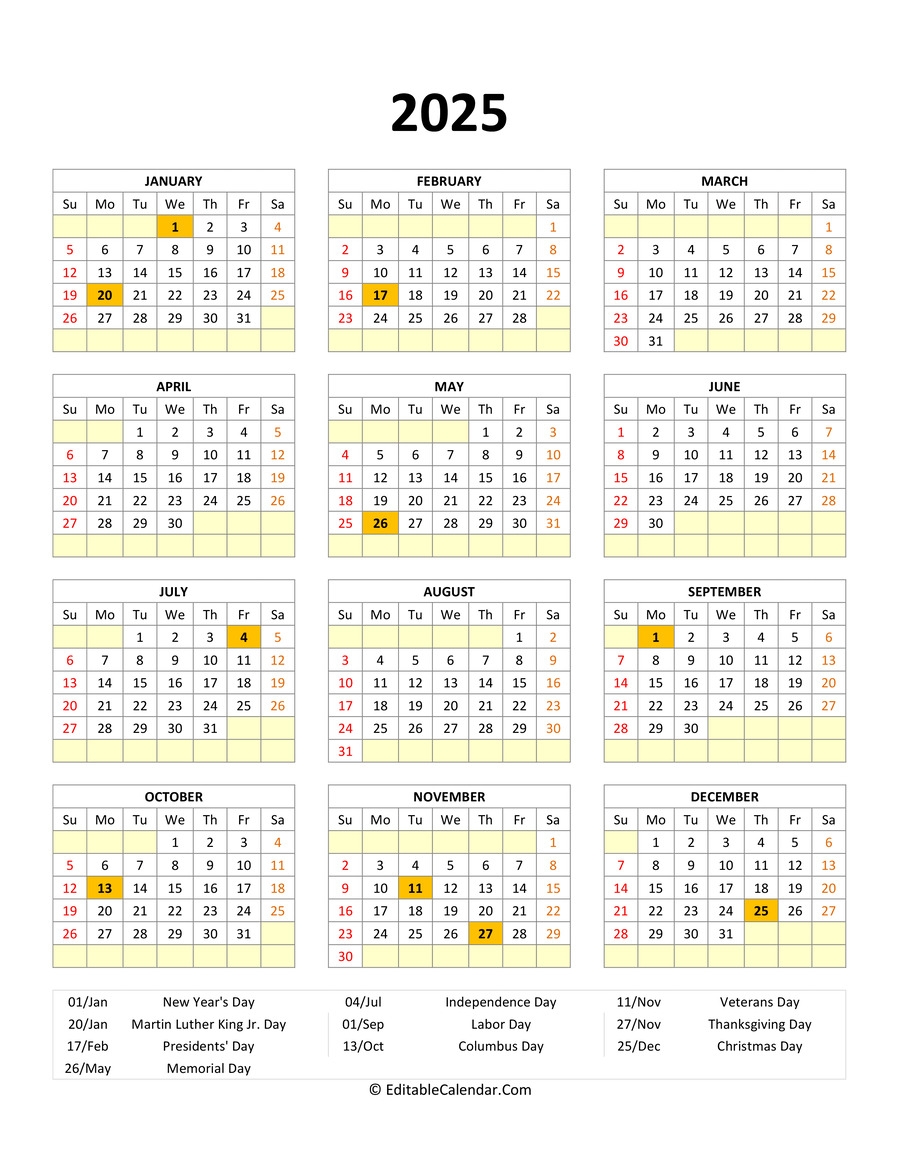 Free Printable 2025 Calendar Templates With Holidays